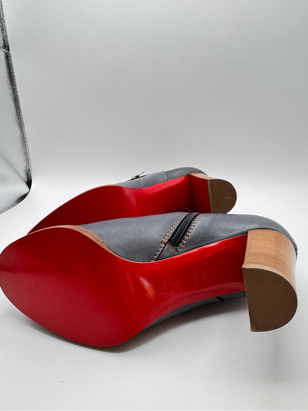 Christian Louboutin Janis Button Gray Leather Ankle Boots Red Sole size 37 calf - Picture 8 of 10